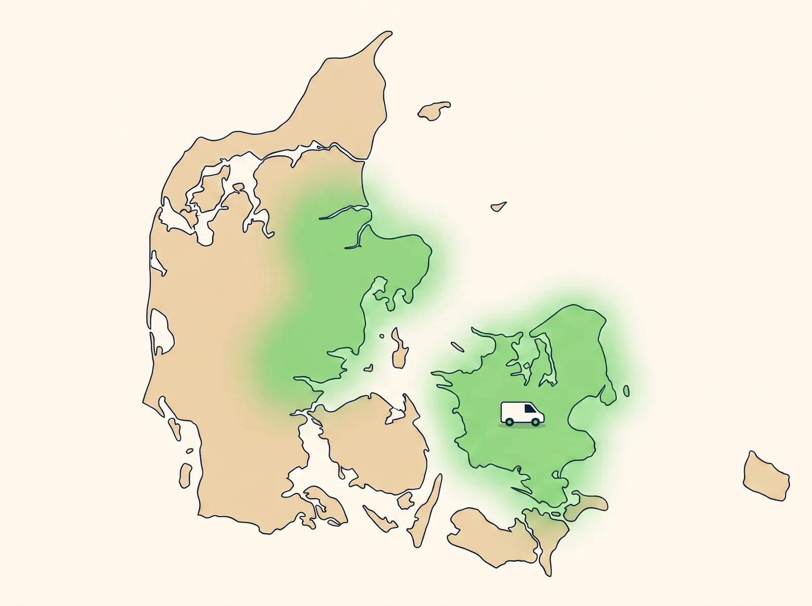 Danmarkskort der viser Hjulsters dækning: Sjælland og Østjylland